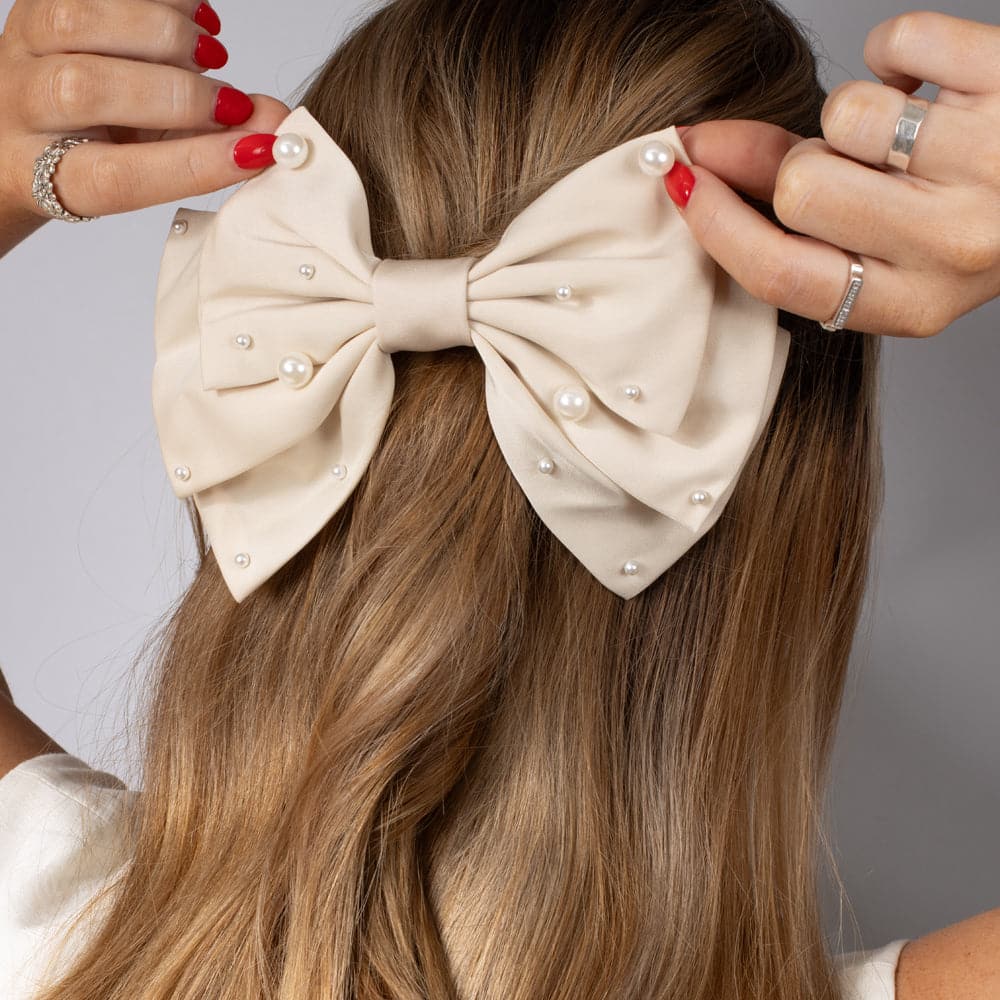 Large Fabric Pearl Bow Barrette - Image 3