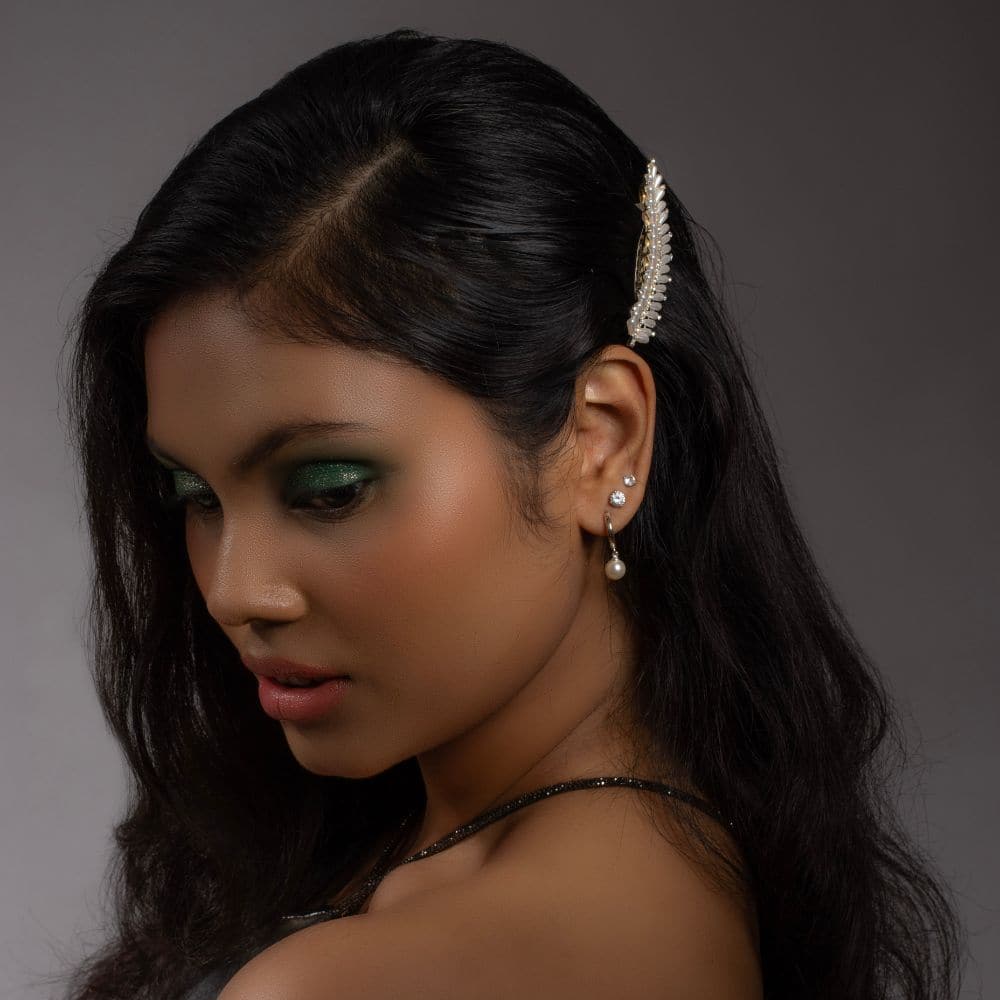 Mini Crystal and Pearl Feather Barrette - Image 2