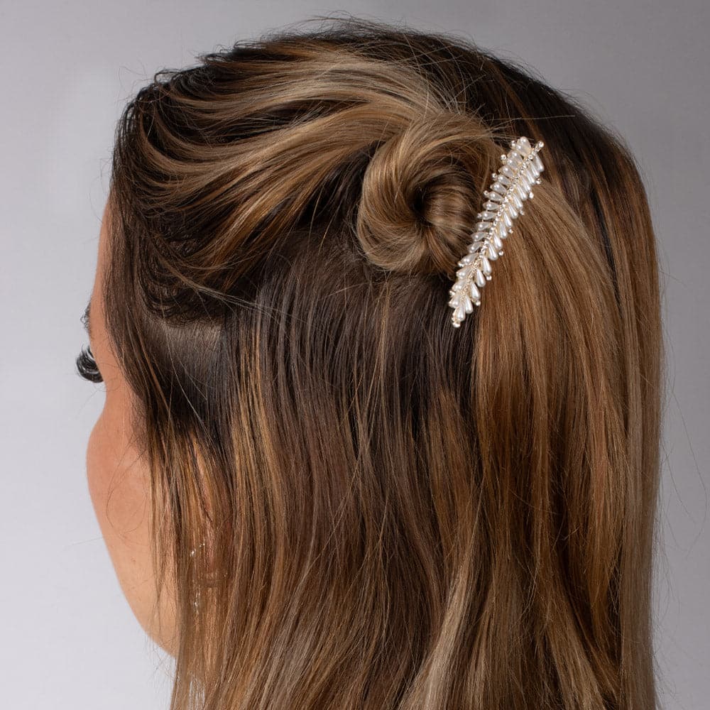 Mini Crystal and Pearl Feather Barrette - Image 3